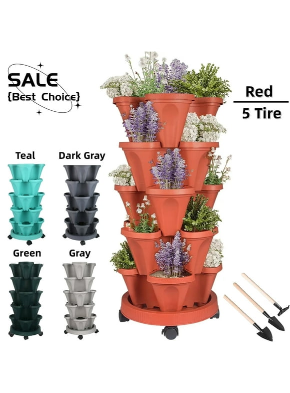 5 Tier Vertical Garden Stackable Planter with Wheels and Tools for Vegetables, Flowers, Herbs, Strawberries, Indoor & Outdoor