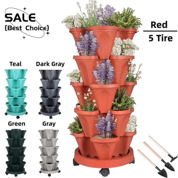 5 Tier Vertical Garden Stackable Planter with Wheels and Tools for Vegetables, Flowers, Herbs, Strawberries, Indoor & Outdoor