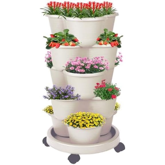5-Tier Vertical Garden Tower Stackable Planter for Strawberries, Flowers, Vegetables & Herbs Beige