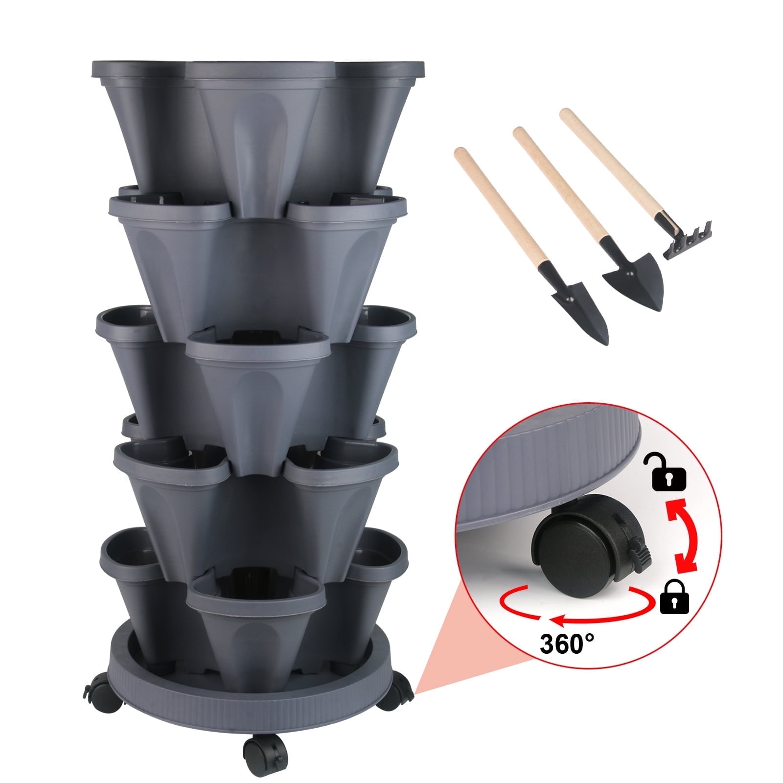 5 Tier Vertical Gardening Stackable Planter for Strawberries, Flowers, Herbs, Vegetables , Dark Gray