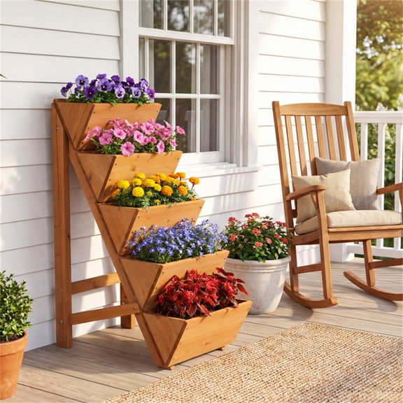 5-Tier Vertical Raised Garden Bed Orange Fir Wood Ladder Planter Stand for Vegetables Herbs Flowers Space-Saving Tiered Plant Stand