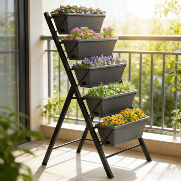 5 Tier Vertical Raised Garden Bed with Removable Pots Gray Space Saving Planter Stand for Patio Balcony Deck Backyard Indoor Outdoor Herb Flower Vegetable Urban Gardening Stackable Planters 45 In H