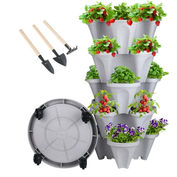 5-Tier Vertical Stackable Tower Planter for Strawberries, Flowers, Herbs, and Vegetables - Gray.