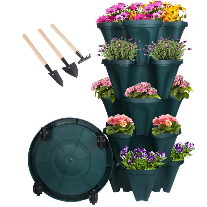 5-Tier Vertical Stackable Tower Planter for Strawberries, Flowers, Herbs, and Vegetables - Green.
