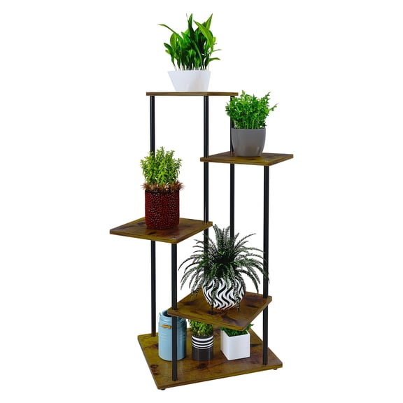5-Tier Vintage Indoor Plant Stand with Wood Shelves & Metal Frame - Large Space-Saving Display Shelf for Home, Sturdy Round Platforms for Pots - Easy Assembly, Decorative