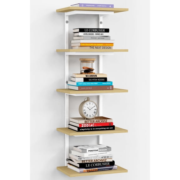 5 Tier Wall Bookshelf Unit for Bedroom Books, Large Floating Book Shelves Wall Mounted, Rustic Wood Lack Tiered Hanging Shelf for Kitchen Office Living Room Corner