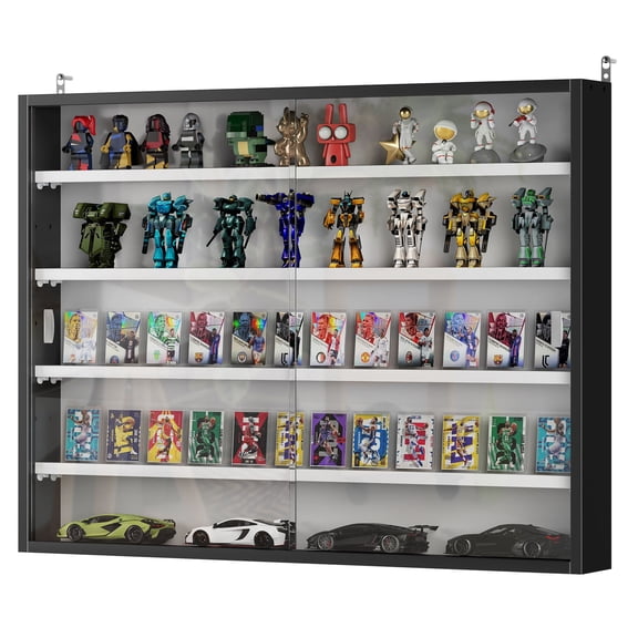 5-Tier Wall Display Cabinet, Black Collectible Case with Glass Doors