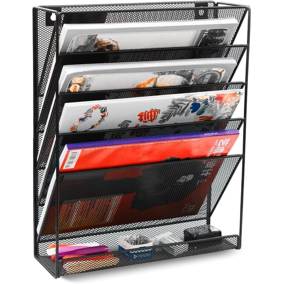 5 Tier Wall File Holder, Mesh Hanging Folder Organizer with Classify Label, Versatile Desk File Holder, Vertical Wall Mounted Mail Organizer for Office Home Cubicle, Black