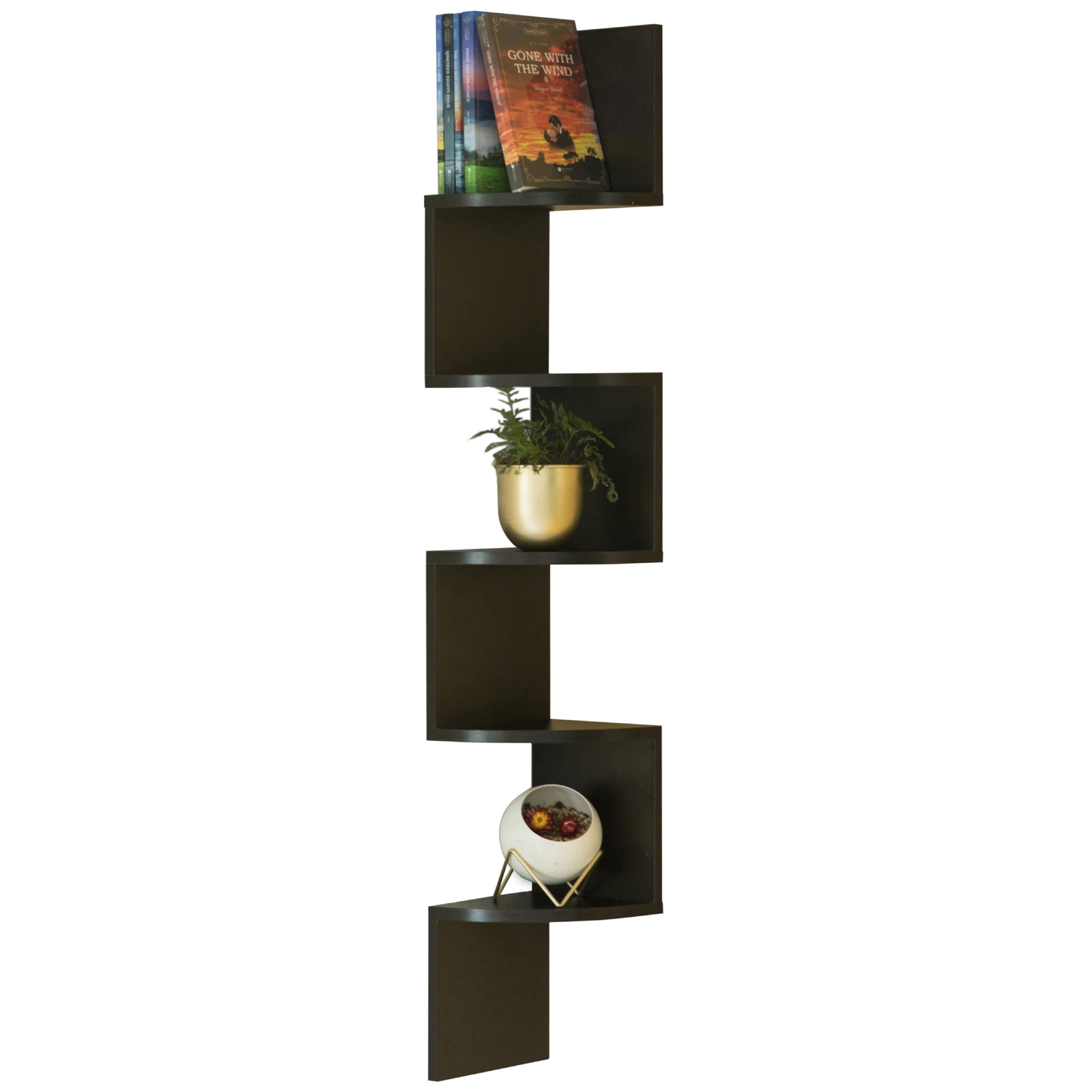 Black Wood 5-Tier Wall Mount Corner Shelf