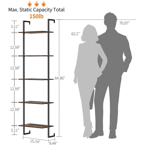 5 Tier Wall Mounted Bookshelf, 15.74" D x 9.44" W x 62.99" H, Narrow Ladder Bookcase with Metal Frame for Home Office, Living Room, Study, Industrial, Brown