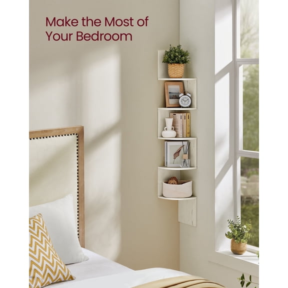 5-Tier Wall Mounted Corner Shelf, 49.6 Inch Floating Bookshelf with Zigzag Design, Rustic White Plant Shelf for Living Room Bathroom