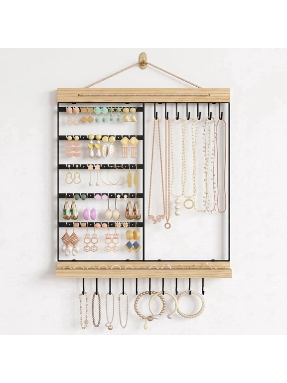 5-Tier Wall Mounted Jewelry Organizer with Wooden Ring Groove, Hanging Earring Holder for Necklaces, Bracelets and Rings, Black Jewelry Rack Stand