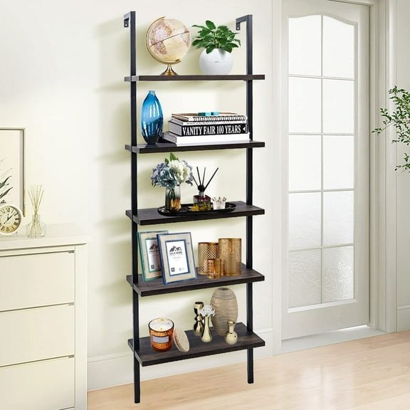 5 Tier Wall Mounted Ladder Shelf, Ladder Bookshelf with Metal Frame and Wood Shelf, Modern Learning Bookcase for Living Room, Bedroom, Office (23.6"W x 11.8"D x 70.8"H, Dark Walnut)