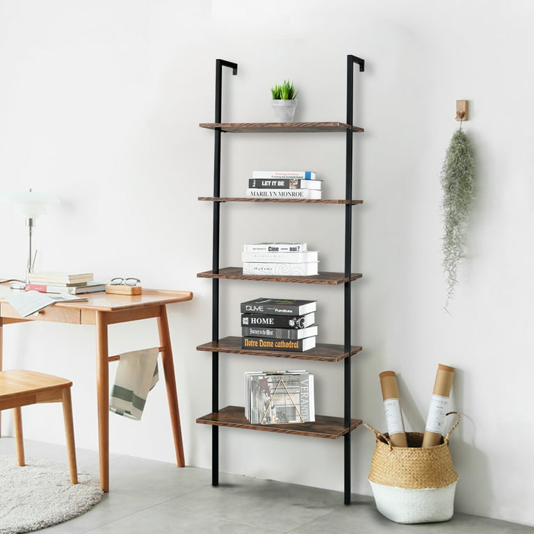 Bookshelf 5-Tier Wall Mount Ladder Storage Industrial Bookcase Shelf Modern hotsell Wood