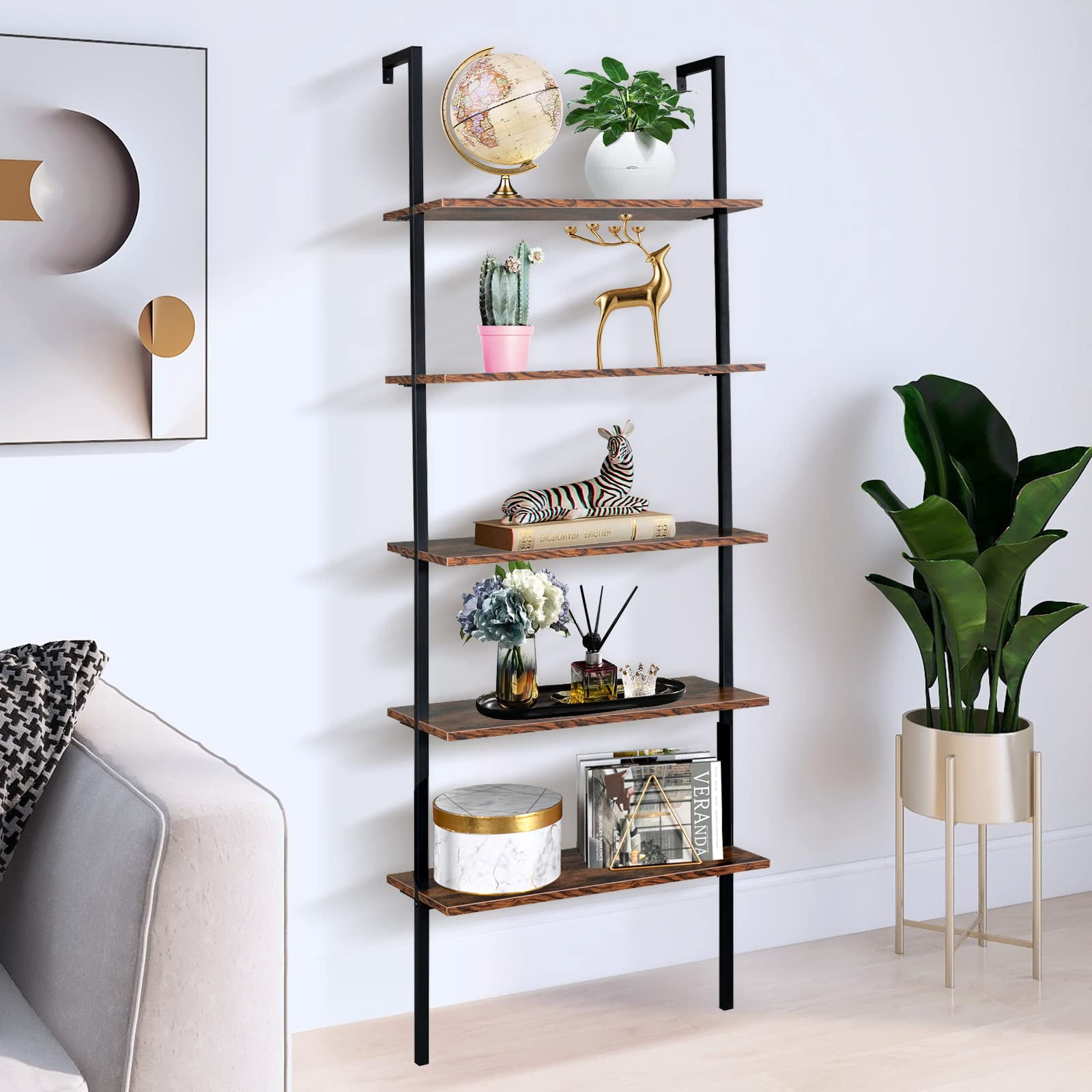 5 Tier Wall Mounted Ladder Shelf, Ladder Bookshelf with Metal Frame and
