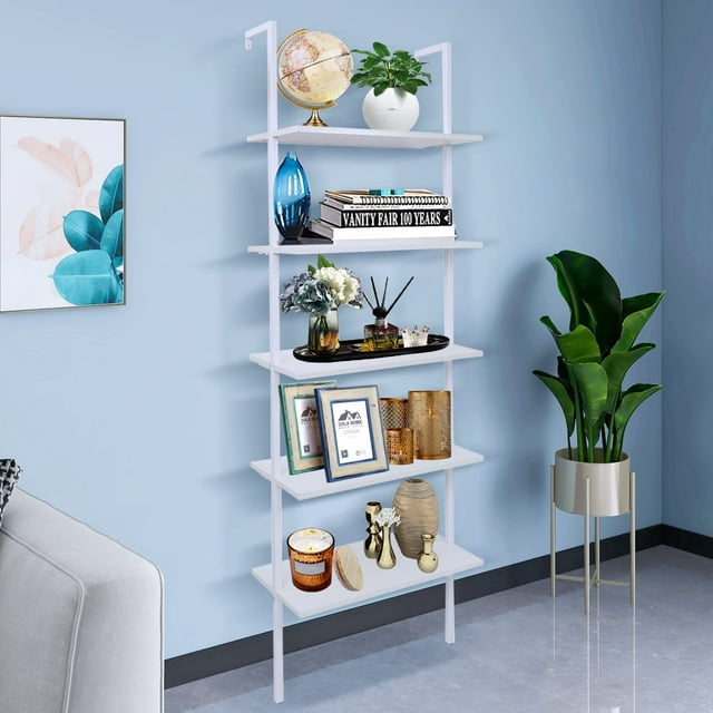 5 Tier Wall Mounted Ladder Shelf, Ladder Bookshelf with Metal Frame and