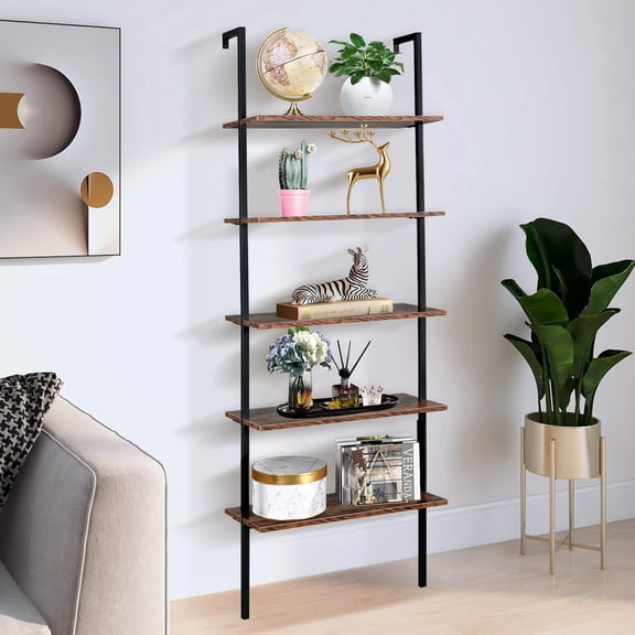 5 Tier Wall Mounted Ladder Shelf, Ladder Bookshelf with Metal Frame and Wood Shelf, Modern Learning Bookcase for Living Room, Bedroom, Office (23.6" W x 11.8" D x 70.8" H, Rustic Brown)