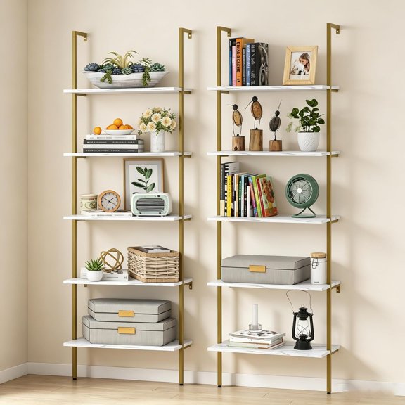 5-Tier Wall-Mounted Ladder Shelf Set in White Marble Finish 2 Pieces 23.6 Inches Tall