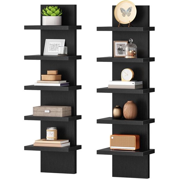 5 Tier Wall Shelf Unit 2 Pack Floating Shelves Wall Mounted, Wall Mount Vertical Shelving, Floating Storage Rack, Organizer Tall Tower Design for Livingroom, Bedroom, Kitchen, Black BB18BJP201