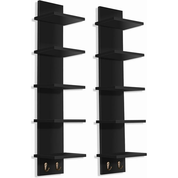 5 Tier Wall Shelf Unit with Hooks, Vertical Column Utility Shelving for Home Decor and Storage Organizer, Wall-Mounted Floating Shelves for Bathroom Storage, Bedroom (2 Pack)