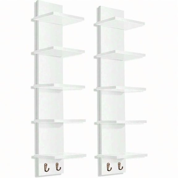 5 Tier Wall Shelf Unit With Hooks, Vertical Column Utility Shelving Home Decor And Storage Organizer, Wall-Mounted Floating Shelves Bathroom Storage, Bedroom (2 Pack)