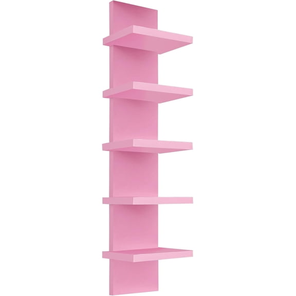 5 Tier Wall Shelf Unit - Narrow Smooth Laminate Finish - Vertical Column Wall Decor Mount Floating Storage Home Decor Organizer Tall Tower Utility Shelf for Bedrooms, Living Rooms(Pink)