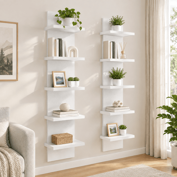 5 Tier Wall Shelf Unit, Vertical Storage Tower, White, 2-Pack