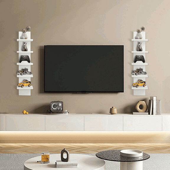 5 Tier Wall Shelf Unit White Vertical Column Shelf Floating Storage Home Decor Organizer Narrow Smooth Laminate Finish Utility Shelving Tall Tower Design for Living Room Bedroom Kitchen