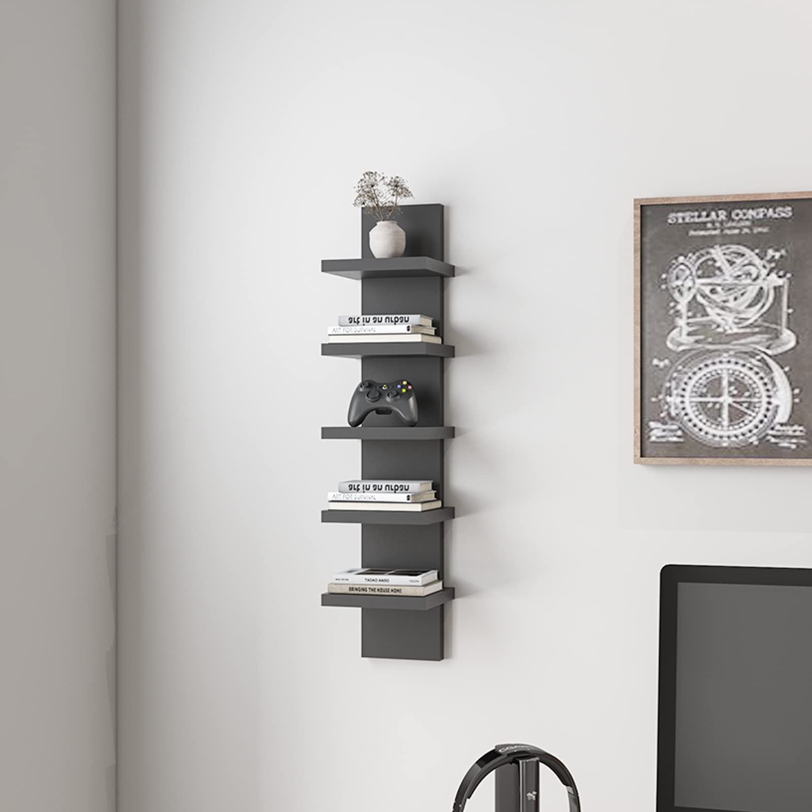 5 Tier Wall Shelves Black, Vertical Column Shelf Floating Storage Home