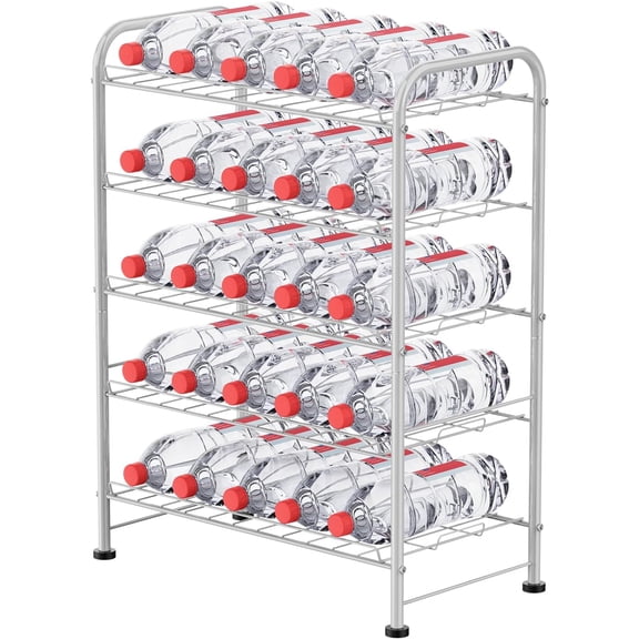 5 Tier Water Bottle Organizer Small Water Bottle Holder Stand Freestanding Metal Bottled Water Rack Dispenser for Kitchen, Pantry Organization and Storage, Silver