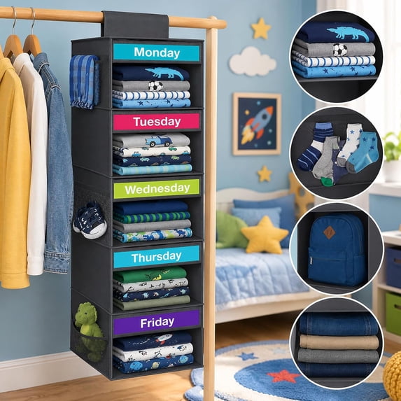 5‑Tier Weekly Hanging Fabric Clothes Organizer Shelf, Daily Outfit Storage with Side Mesh Pockets, Wardrobe Hanging Caddy for Bedroom Dorm Apartment Home Tidying