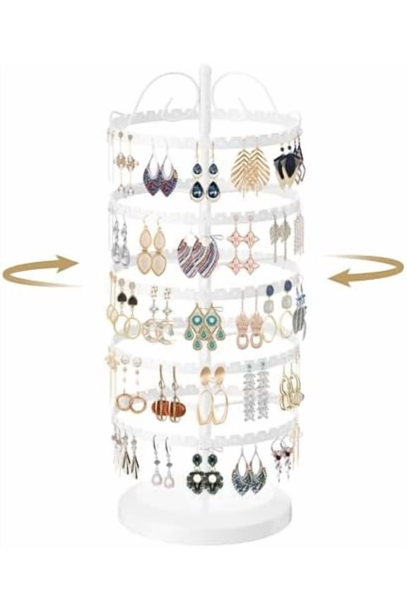 5 Tier White Earring Holder Organizer Tree Women Display Storage for Stud and Hoop, Large Cool Rotating Clip Stand for Pierced and Dangle Earring, Vertical Metal Tower Carousel with 400 Holes