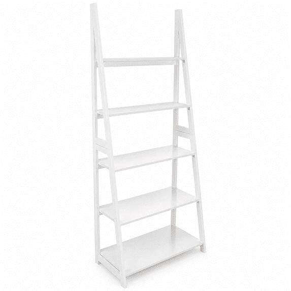 5-Tier White Ladder Bookshelf, 70.1-Inch Solid Rubberwood Storage Shelf ...