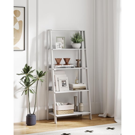 5-Tier White Ladder Shelf, Wooden Bookshelf Bookcase, Open Display Stand, Freestanding Corner Storage Shelves for Living Room, Home Office, Kitchen, Bedroom, Bathroom, Balcony