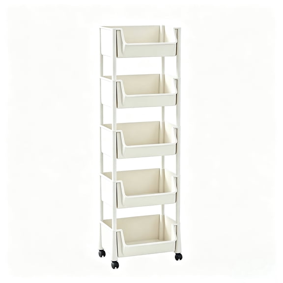 5 Tier White Rolling Storage Cart with Wheels, Slim Narrow Gap Plastic Organizer Shelf, Pull Out Baskets Freestanding Utility Storage Rack for Kitchen