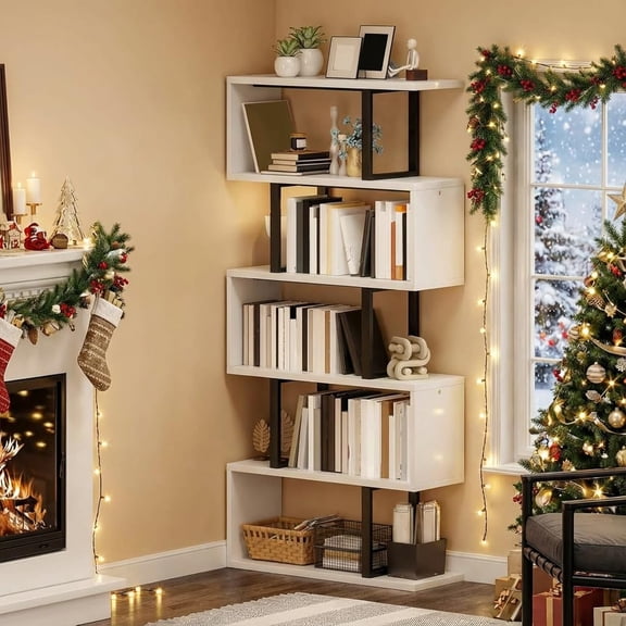 5-Tier White S-Shaped Z-Bookshelf, Industrial Freestanding Multifunctional Decorative Storage Shelving For Living Room Home Office