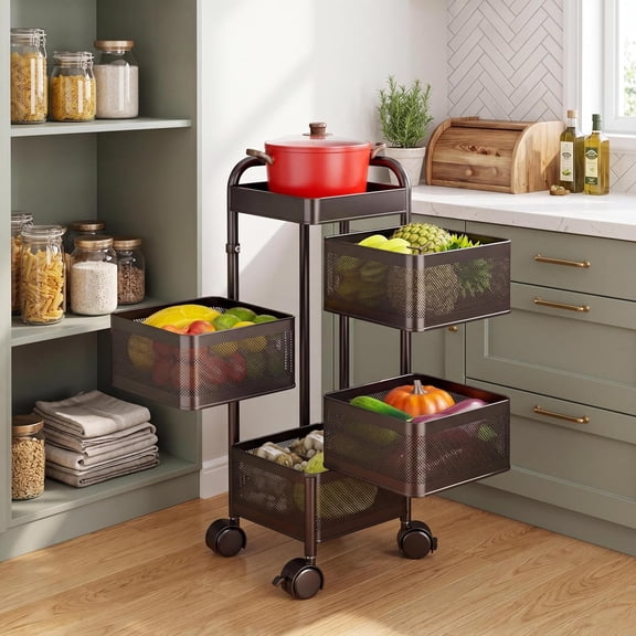 5-Tier White Thickened Carbon Steel Rotating Kitchen Storage Cart with Wheels, Mobile Utility Rack with Top Lid, Fruit Vegetable Basket, Rotating Produce Organizer for Bathroom Living Room