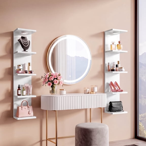 5-Tier White Vertical Floating Shelves with LED Accent Light, Wall Mounted Storage Organizer for Small Spaces