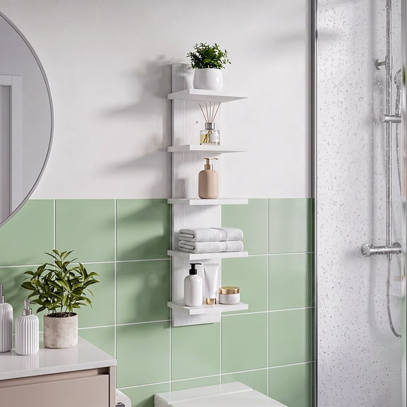 5-Tier White Vertical Floating Wall Shelf Unit, Heavy-Duty Load Bearing Wall Mount Storage Organizer for Bedroom, Living Room, Home Decor & Bathroom Shoe Storage