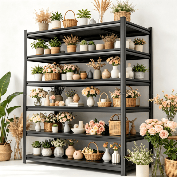 5-Tier Wide Tall Plant Stand, Heavy Duty Adjustable Metal Flower Display Shelf, Industrial Freestanding Plant Storage Rack for Living Room, Bedroom, Office, Library, Balcony, Black, 45" W*77" H