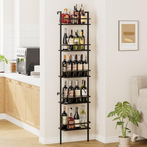 5-Tier Wine Rack Wall Mounted, Wine Racks Freestanding Floor with Fences, 50 Bottles Wine Bottle Holder Liquor Cabinet Bar Shelves for Home, Kitchen, Dining Room (Black)