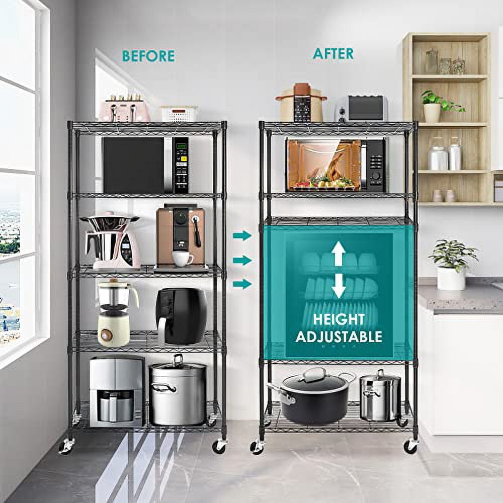 5 Tier Wire Shelving Rack with Wheels, 5 Tier Black Shelving Unit with ...