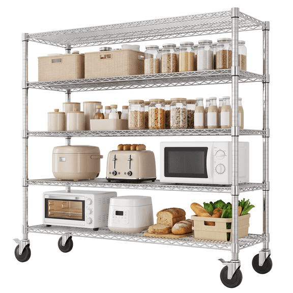 5-Tier Wire Shelving Rack with Wheels, 82" Heavy Duty Metal Storage Shelf for Kitchen, Garage, Pantry & Utility Room