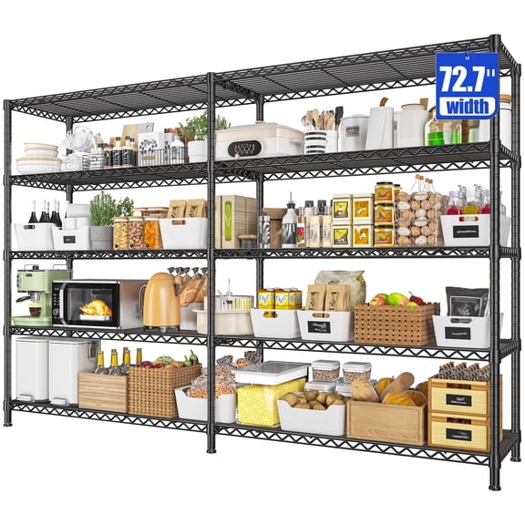 5-Tier Wire Shelving Unit,72.7"W Heavy Duty Storage Shelves,Adjustable Metal Storage Rack,1650 lbs Capacity Shelving for Pantry Garage,Black