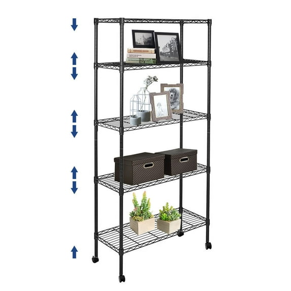 5 Tier Wire Shelving Unit, Adjustable Metal Storage Rack, Mobile Wire Shelves for Kitchen, Laundry, Bathroom, Pantry, Closet Organization (14"D x 35.5"W x 65"H, Black)