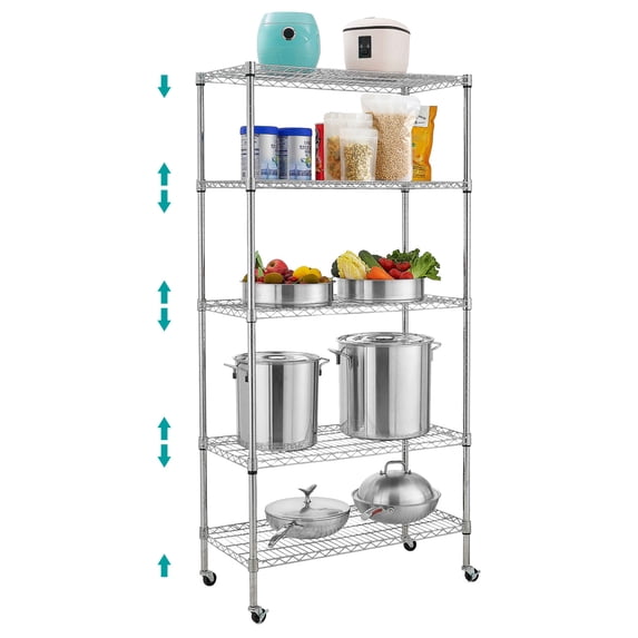 5 Tier Wire Shelving Unit, Adjustable Metal Storage Rack, Mobile Wire Shelves for Kitchen, Laundry, Bathroom, Pantry, Closet Organization (17.7"D x 35.5"W x 71"H, Chrome)