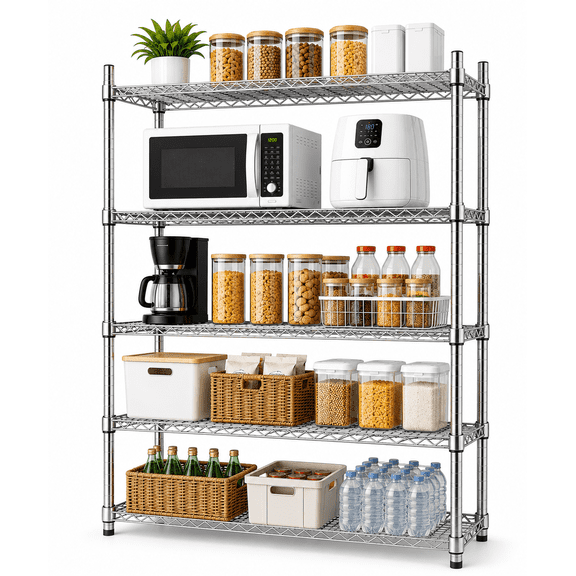 5-Tier Wire Shelving Unit, Heavy Duty Adjustable Metal Storage Rack for Pantry,Kitchen & Garage, Stable Chrome Storage Shelves with Leveling Feet,35.5"W x 14"D x 71"H