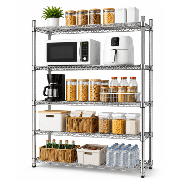 5-Tier Wire Shelving Unit, Heavy Duty Adjustable Metal Storage Rack for Pantry,Kitchen & Garage, Stable Chrome Storage Shelves with Leveling Feet,35.5"W x 14"D x 71"H