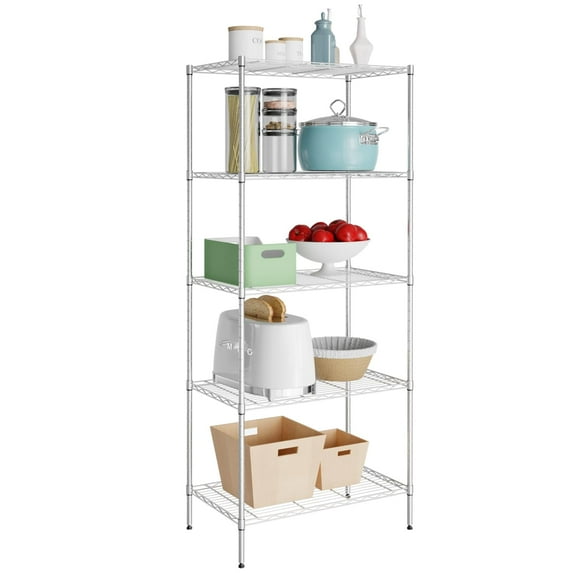 5-Tier Wire Shelving Unit Metal Shelf Adjustable Storage Shelves Shelving Unit Without Wheels for Restaurant Garage Pantry Kitchen Garage, Chrome