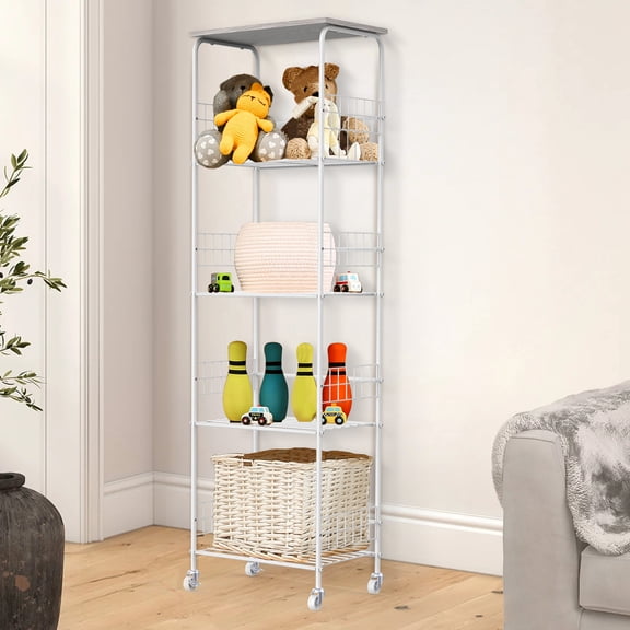 5-Tier Wire Storage Shelf with Top Gray Oak Wood Board, Matte White Metal Frame Rolling Organizer Rack